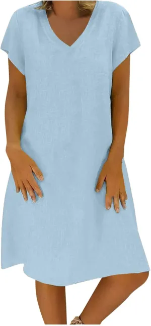 HGps8w Women's Cotton Linen V Neck Tunic Dresses Plus Size Short Sleeve Casual Loose Plain Mini Summer Beach Sun Dress