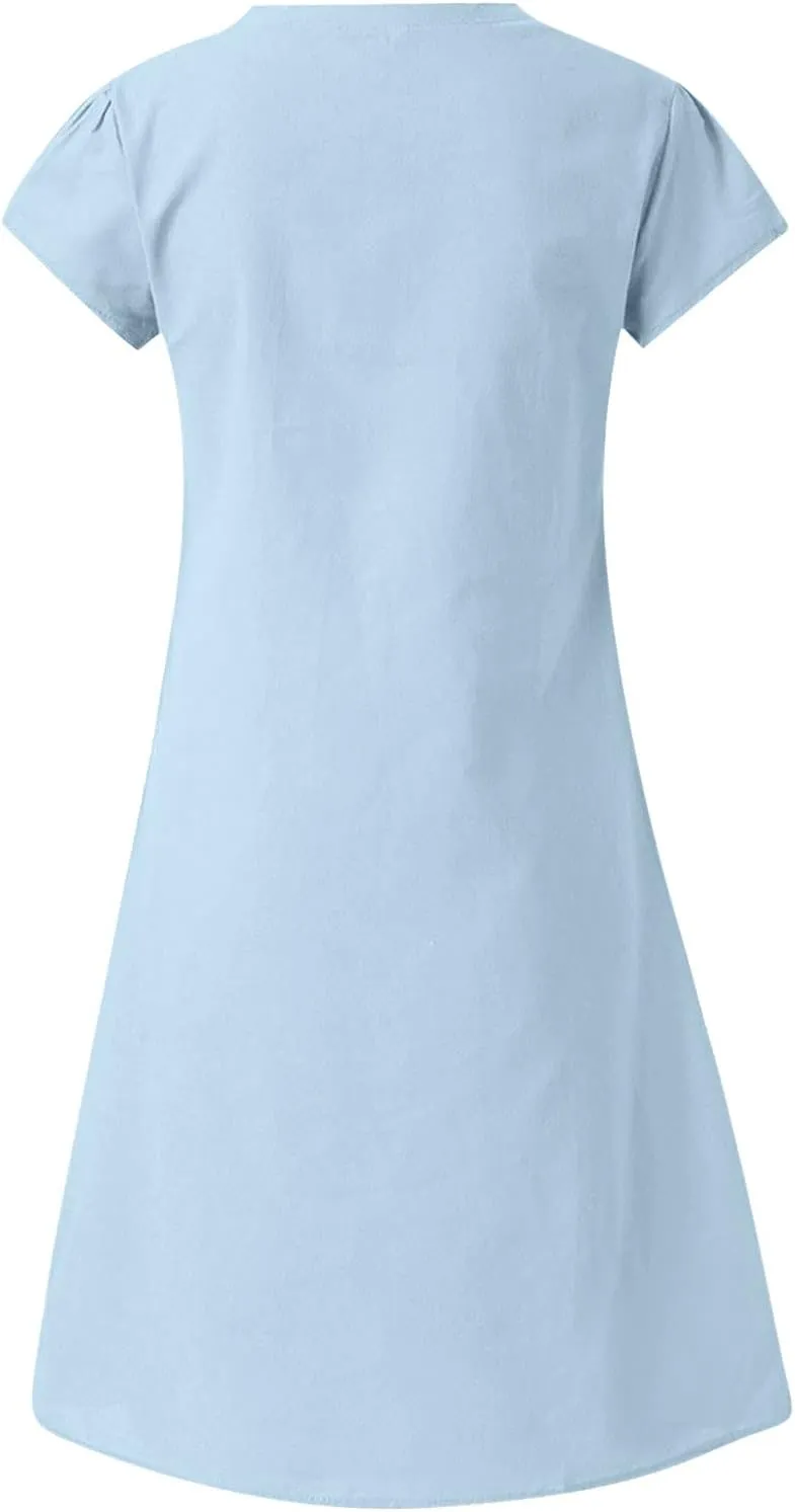 HGps8w Women's Cotton Linen V Neck Tunic Dresses Plus Size Short Sleeve Casual Loose Plain Mini Summer Beach Sun Dress