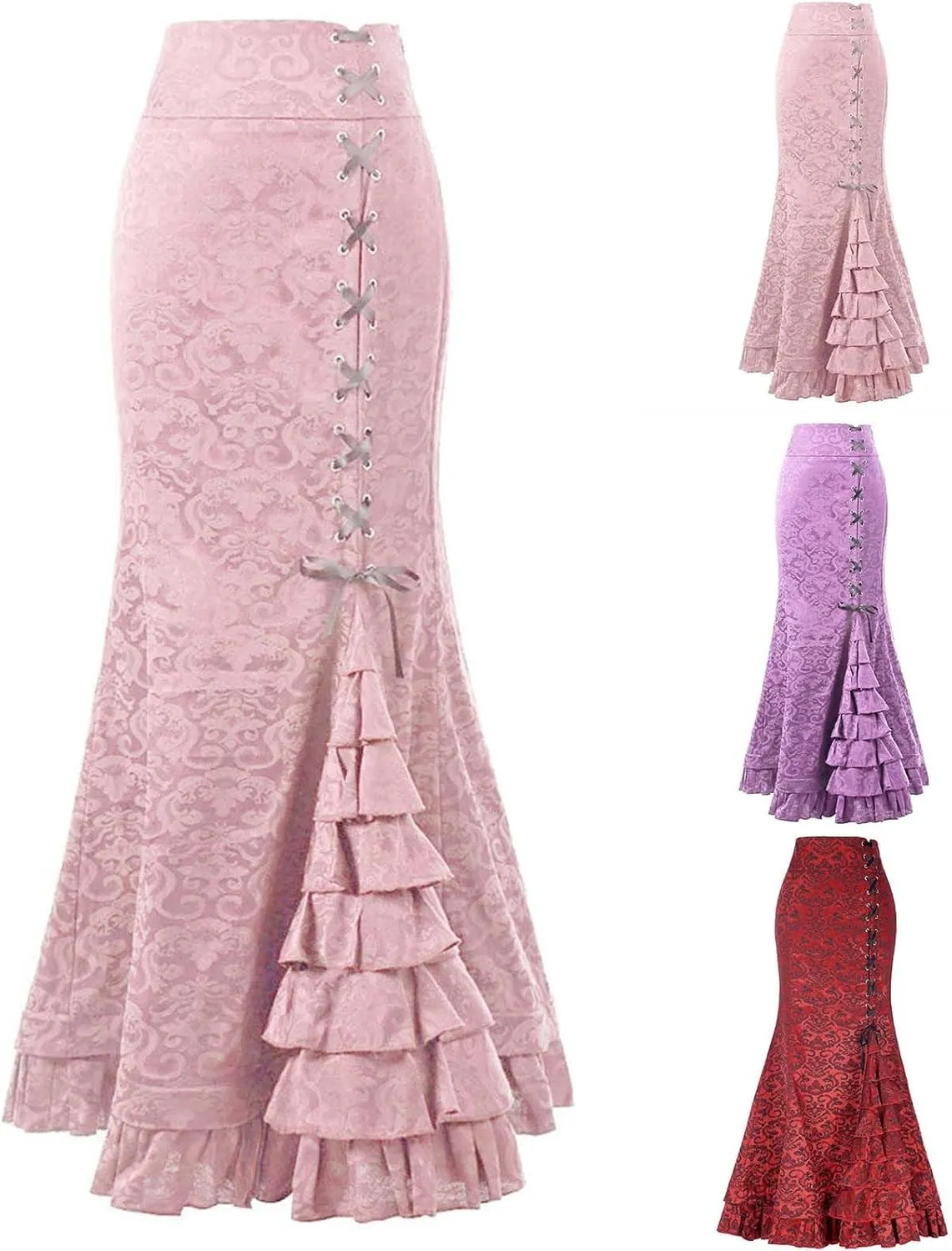 HGps8w Women's High Waisted Lace Mermaid Maxi Skirts Retro Lace-Up Drawstring Tiered Ruffle Maxi Long Pencil Skirt