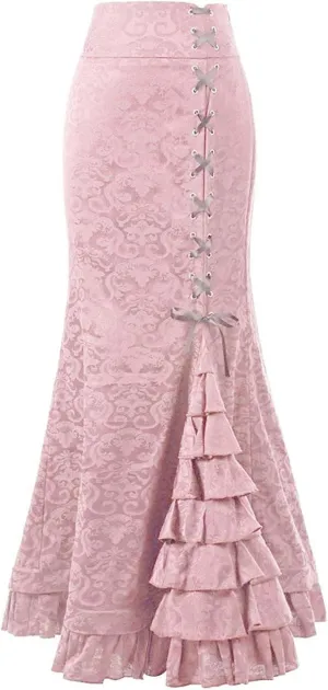 HGps8w Women's High Waisted Lace Mermaid Maxi Skirts Retro Lace-Up Drawstring Tiered Ruffle Maxi Long Pencil Skirt