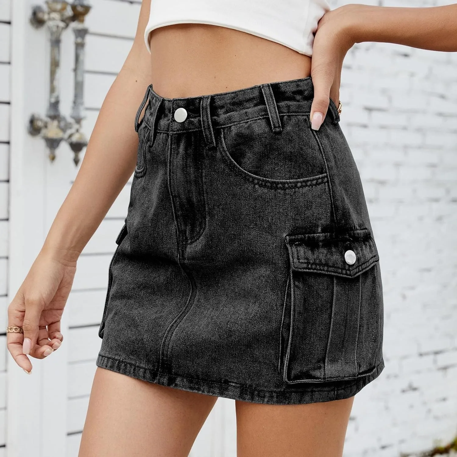 HGps8w Women's Mini Denim Skirt Casual Summer High Waisted Short Cargo Skirts with Pockets