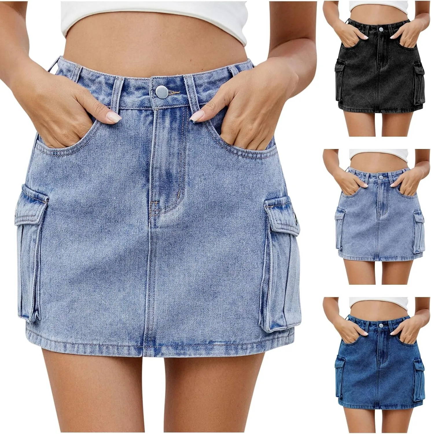 HGps8w Women's Mini Denim Skirt Casual Summer High Waisted Short Cargo Skirts with Pockets