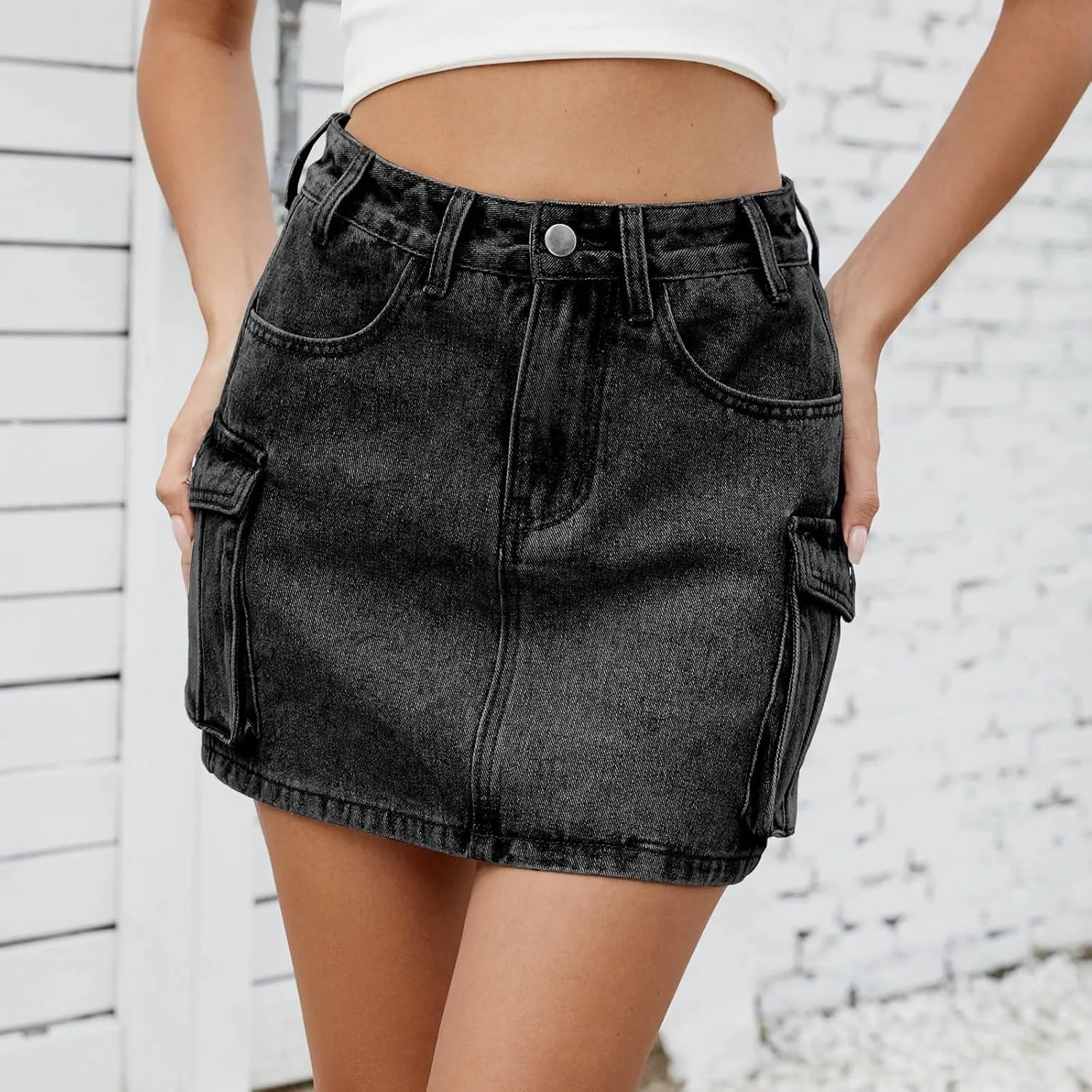 HGps8w Women's Mini Denim Skirt Casual Summer High Waisted Short Cargo Skirts with Pockets