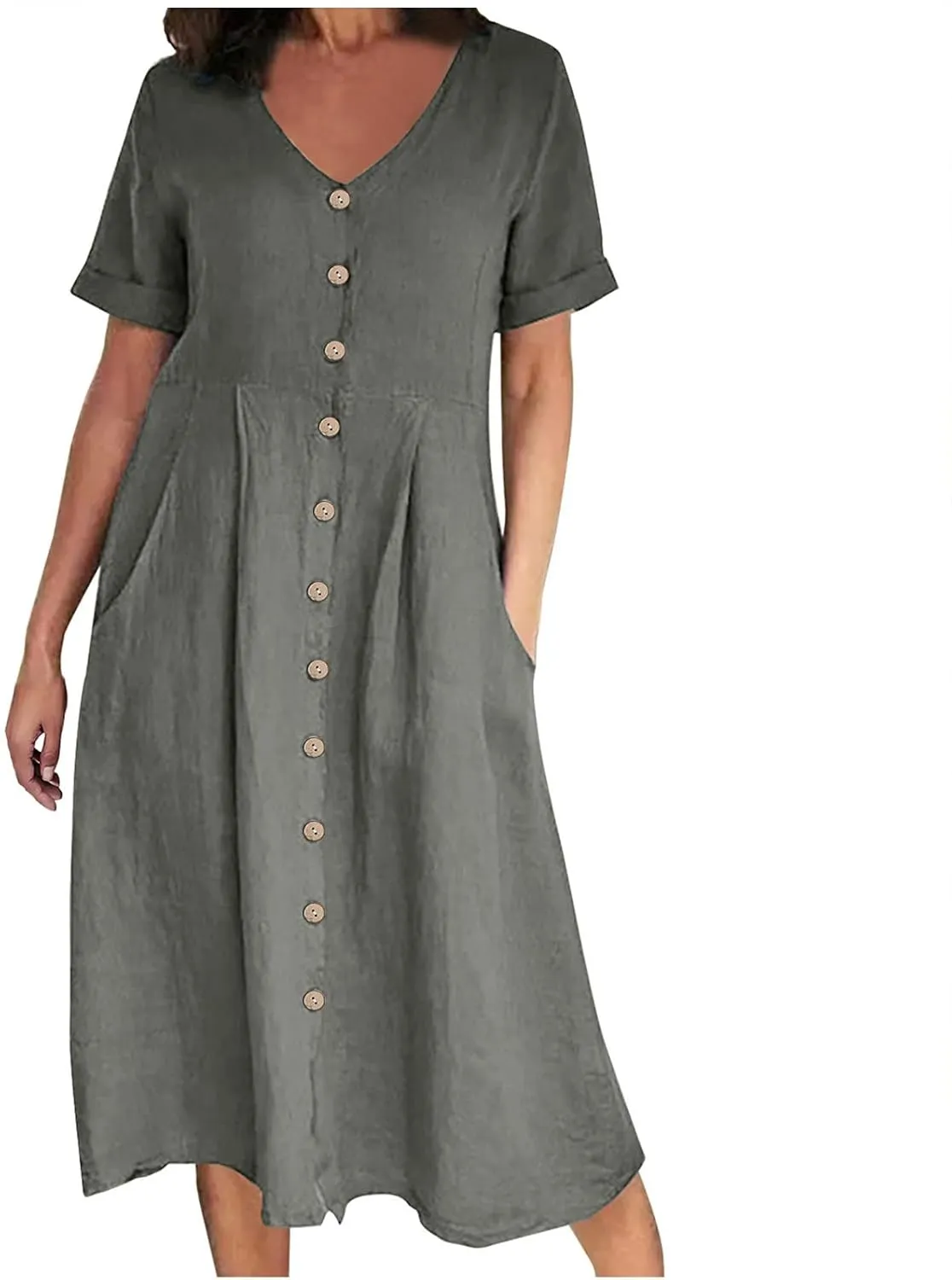 HGps8w Women's Plus Size Cotton Linen Midi Dresses with Pockets Summer Casual Short Sleeve Button Front V Neck Solid Dress