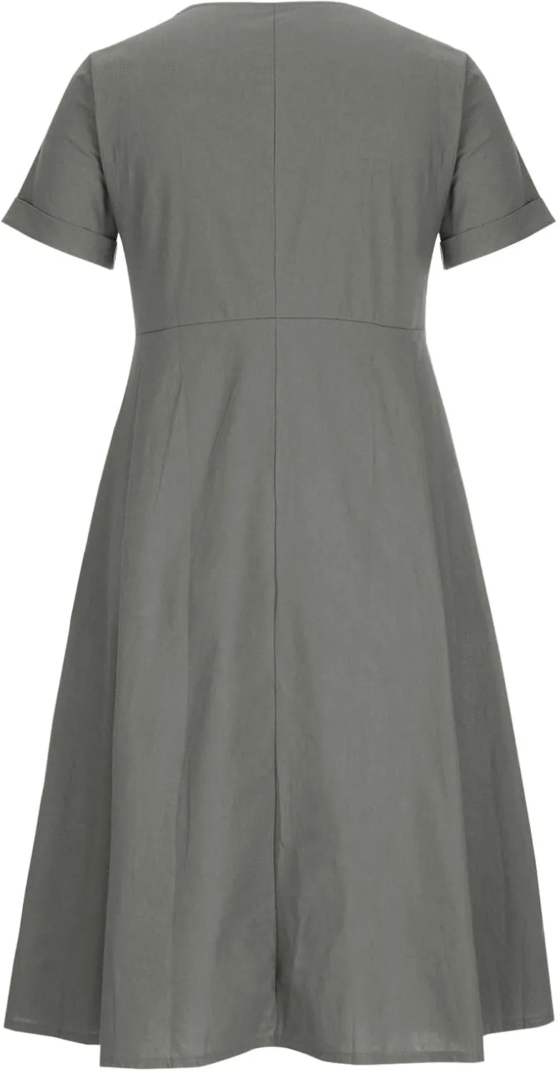 HGps8w Women's Plus Size Cotton Linen Midi Dresses with Pockets Summer Casual Short Sleeve Button Front V Neck Solid Dress