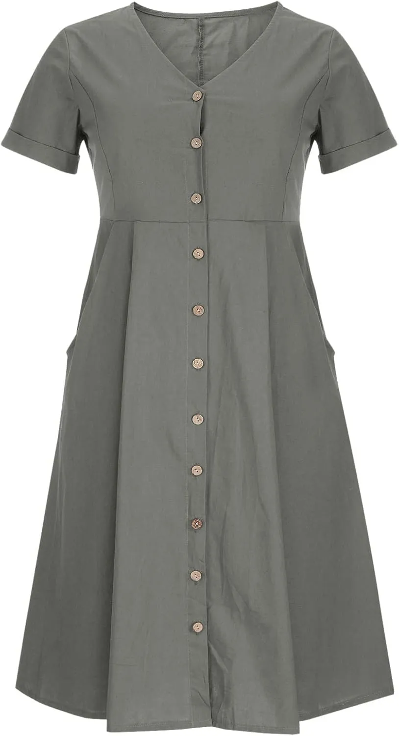 HGps8w Women's Plus Size Cotton Linen Midi Dresses with Pockets Summer Casual Short Sleeve Button Front V Neck Solid Dress