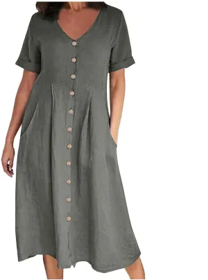 HGps8w Women's Plus Size Cotton Linen Midi Dresses with Pockets Summer Casual Short Sleeve Button Front V Neck Solid Dress