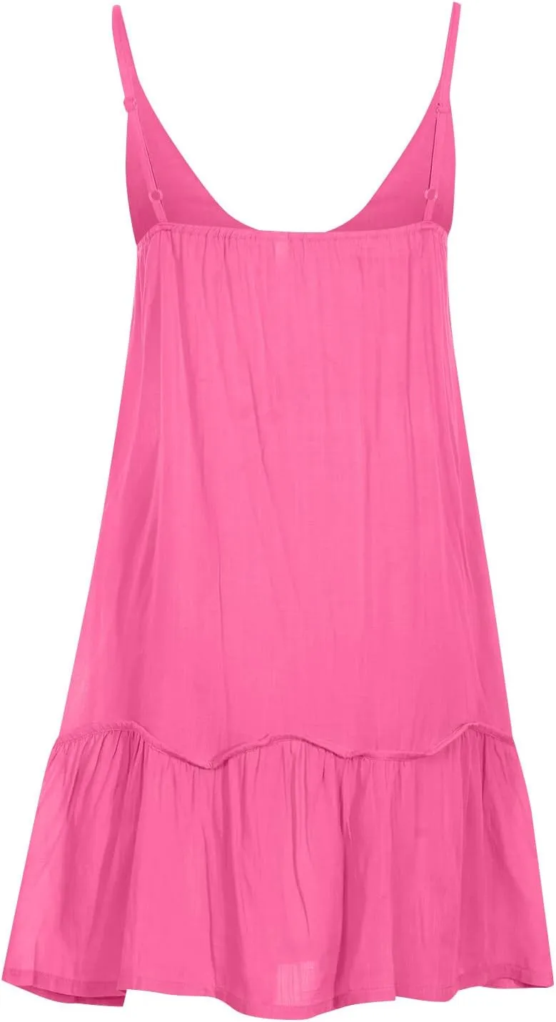 HGps8w Womens Summer Linen V Neck Mini Dresses Spaghetti Strap Cute Ruffle Hem Casual Sleeveless Short Dresses