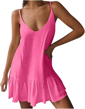 HGps8w Womens Summer Linen V Neck Mini Dresses Spaghetti Strap Cute Ruffle Hem Casual Sleeveless Short Dresses