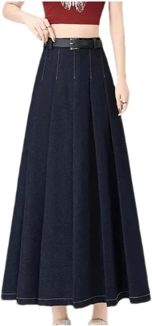 High-Waisted Slimming Denim Skirt Women's Spring Casual A- Line Draped Dress Long Fashion