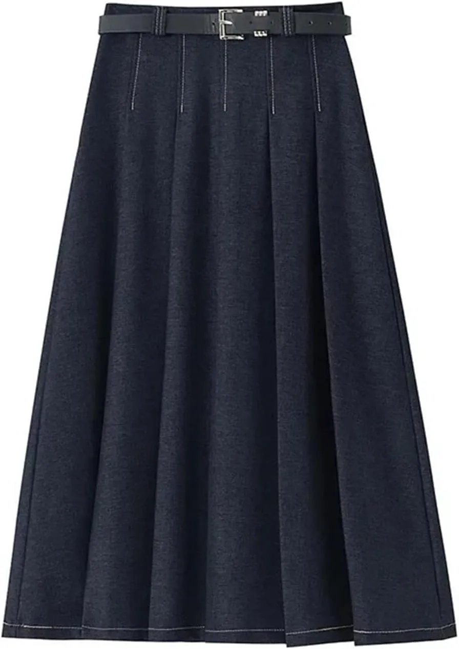 High-Waisted Slimming Denim Skirt Women's Spring Casual A- Line Draped Dress Long Fashion
