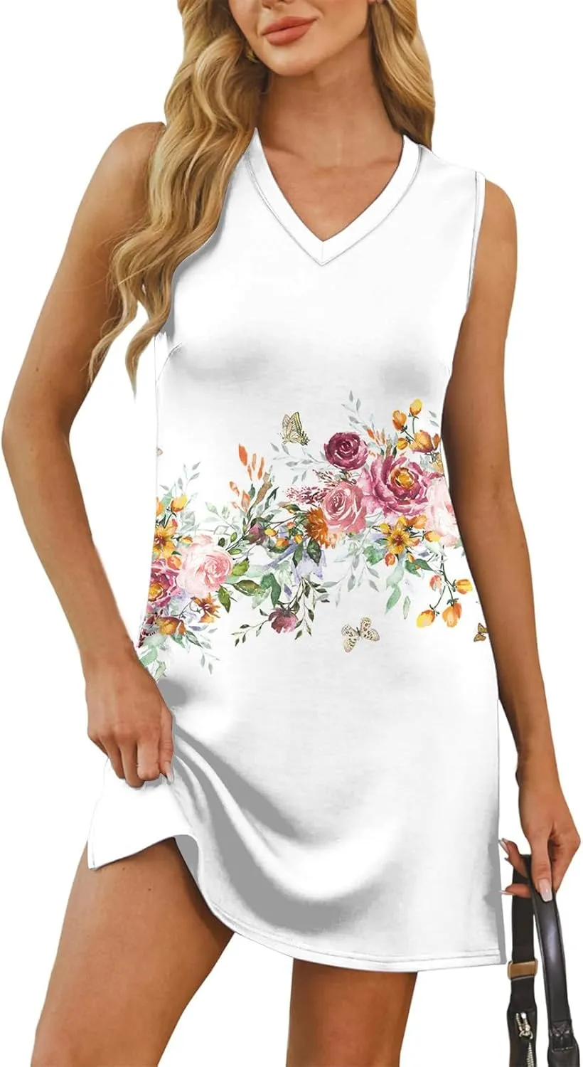 Hip Summer Sports Sundress Ladies Oversize Tanks Loose Fit Dress for Women Printed V Neck Comfort Dresses
