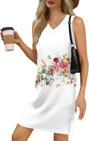 Hip Summer Sports Sundress Ladies Oversize Tanks Loose Fit Dress for Women Printed V Neck Comfort Dresses