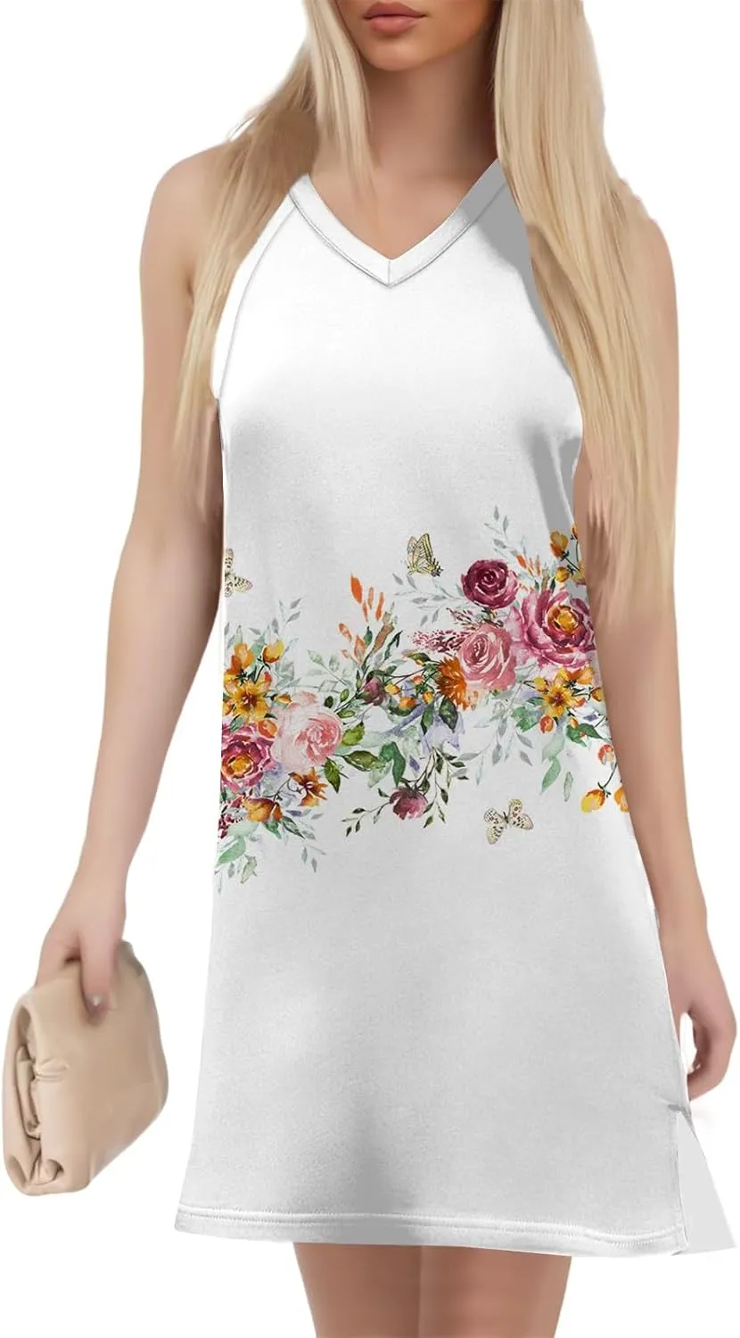 Hip Summer Sports Sundress Ladies Oversize Tanks Loose Fit Dress for Women Printed V Neck Comfort Dresses