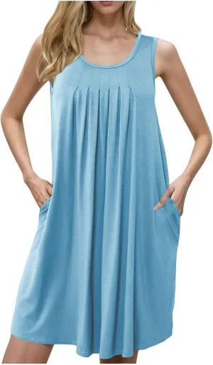 hlysgo Beach Dress for Women 2025 Summer Casual Sleeveless Crew Neck Pleated Dresses Loose Comfy Mini Sundress with Pockets