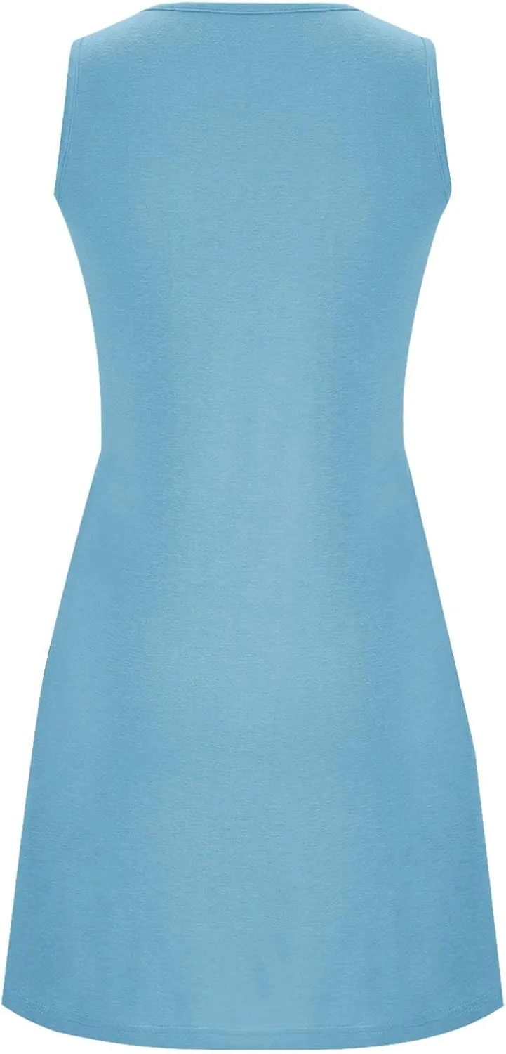 hlysgo Beach Dress for Women 2025 Summer Casual Sleeveless Crew Neck Pleated Dresses Loose Comfy Mini Sundress with Pockets