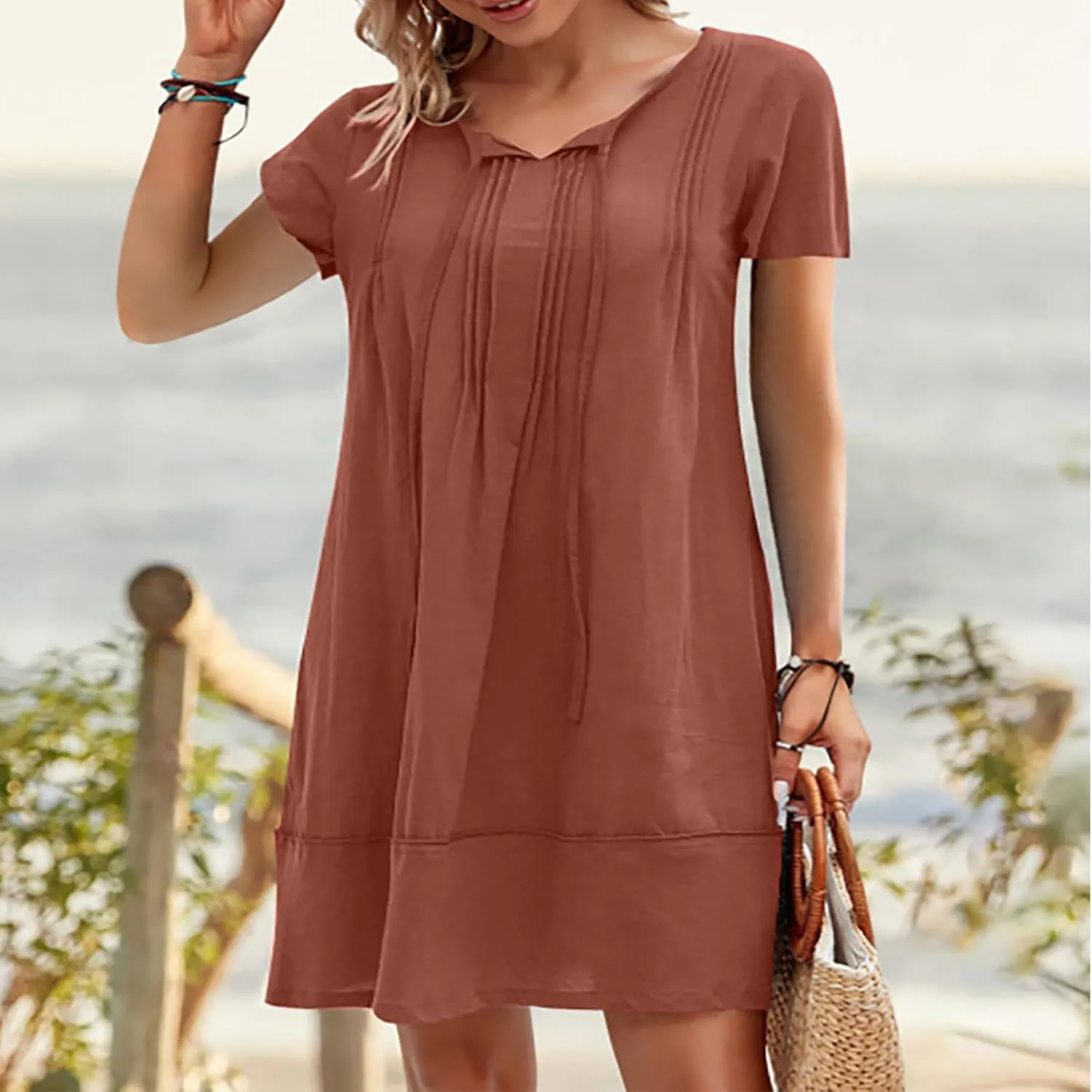 hlysgo Beach Dresses for Women 2025 Vacation Short Sleeve V Neck Mini Dress Summer Loose Comfy Cotton Linen Pleated Dress