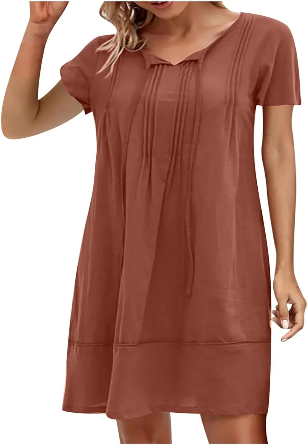 hlysgo Beach Dresses for Women 2025 Vacation Short Sleeve V Neck Mini Dress Summer Loose Comfy Cotton Linen Pleated Dress