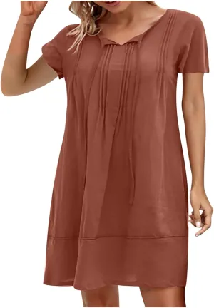 hlysgo Beach Dresses for Women 2025 Vacation Short Sleeve V Neck Mini Dress Summer Loose Comfy Cotton Linen Pleated Dress