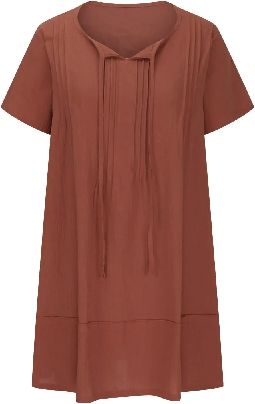 hlysgo Beach Dresses for Women 2025 Vacation Short Sleeve V Neck Mini Dress Summer Loose Comfy Cotton Linen Pleated Dress