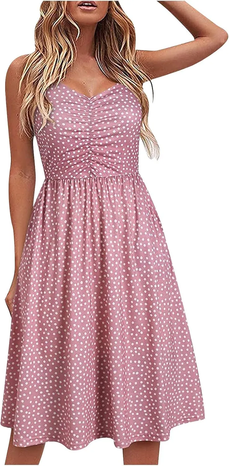 hlysgo Going Out Dresses for Women 2025 Summer Casual Spaghetti Straps Sleeveless V Neck Mini Dress A-Line Flowy Beach Dress