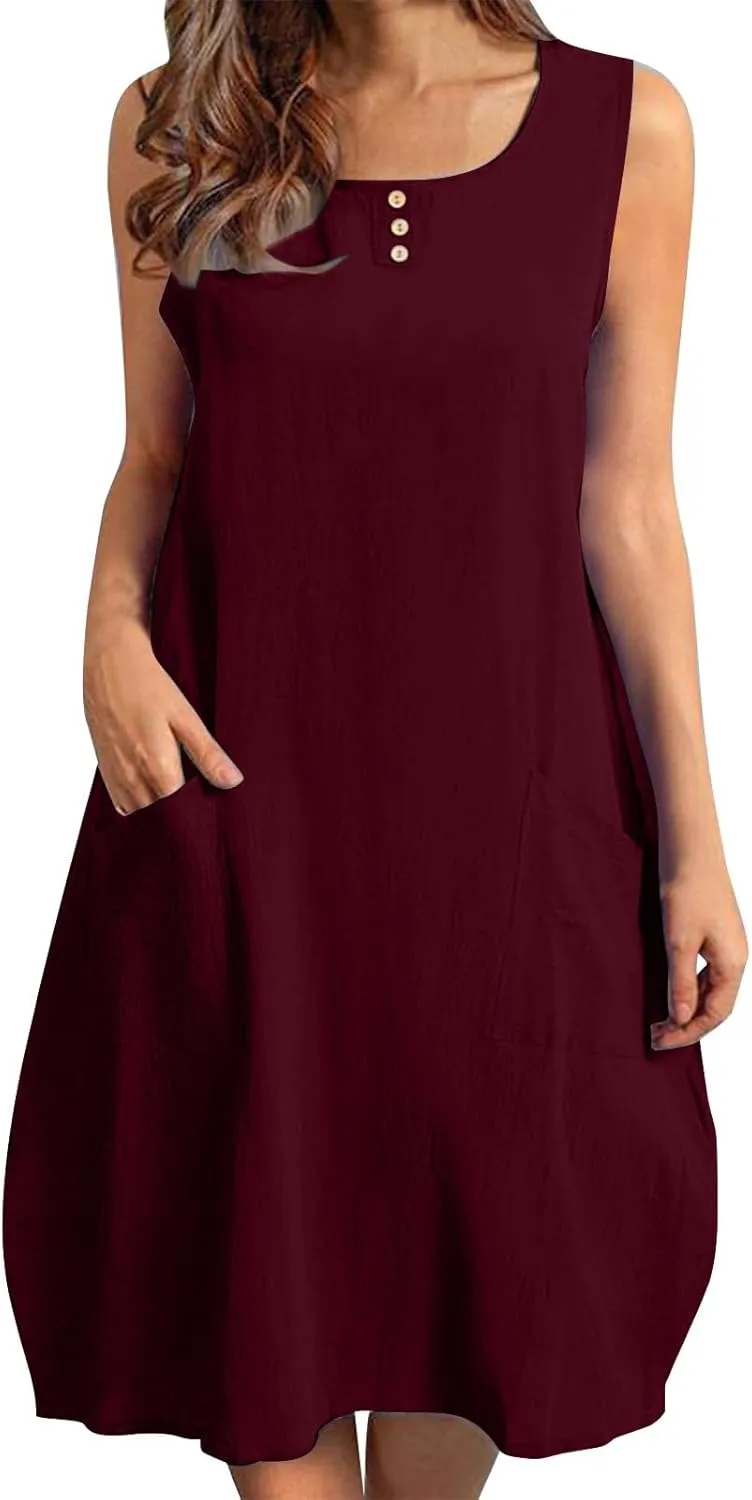 hlysgo Mini Dresses for Women 2025 Casual Comfy Cotton Linen Cover Up Dress Summer Sleeveless Beach Sundress with Pockets