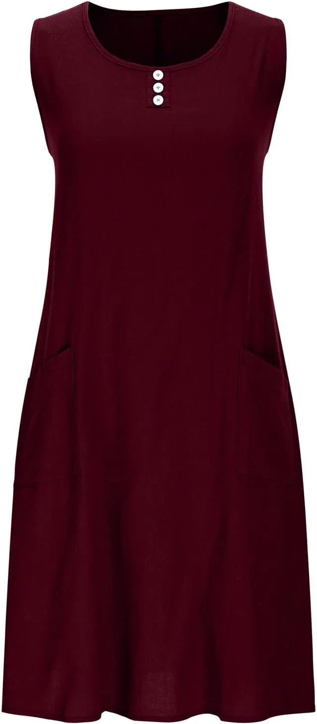 hlysgo Mini Dresses for Women 2025 Casual Comfy Cotton Linen Cover Up Dress Summer Sleeveless Beach Sundress with Pockets