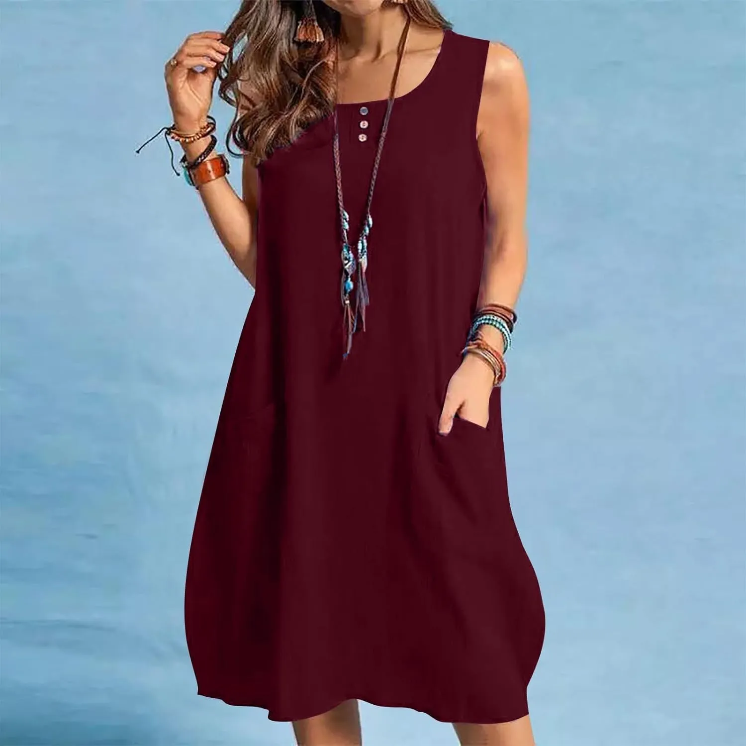 hlysgo Mini Dresses for Women 2025 Casual Comfy Cotton Linen Cover Up Dress Summer Sleeveless Beach Sundress with Pockets