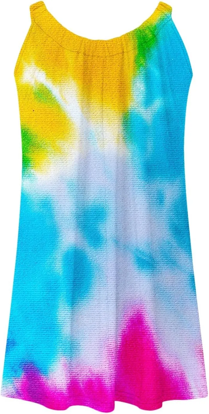 hlysgo Mini Dresses for Women 2025 Summer Tie-Dye Print Short Beach Coverup Dress Casual Loose Fit Sleeveless Mini Sundress