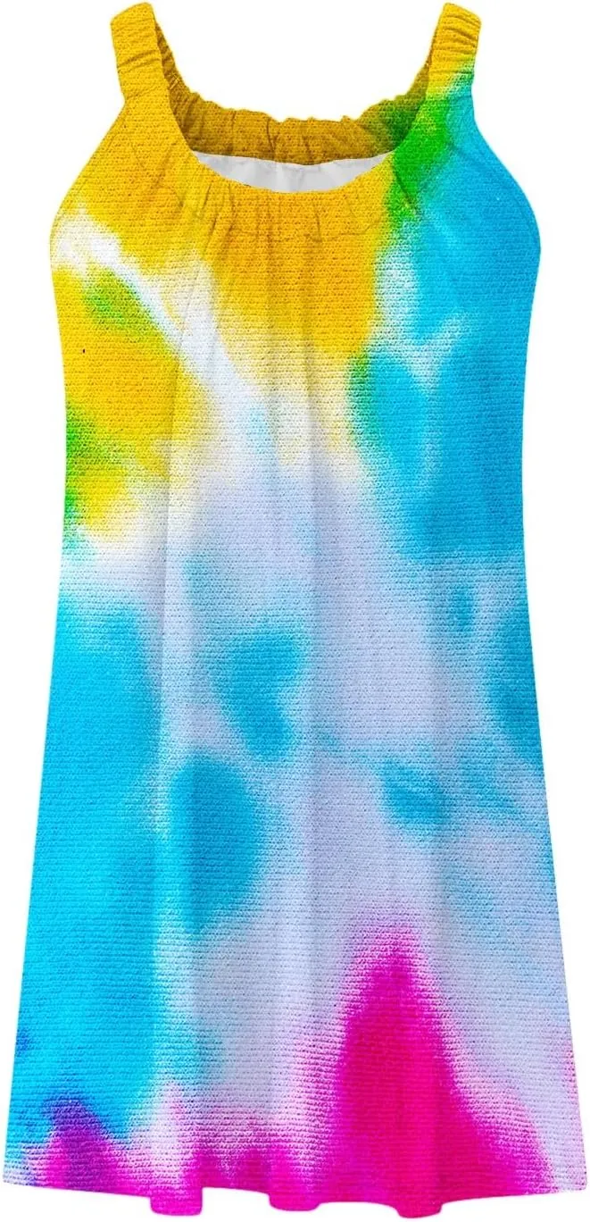 hlysgo Mini Dresses for Women 2025 Summer Tie-Dye Print Short Beach Coverup Dress Casual Loose Fit Sleeveless Mini Sundress
