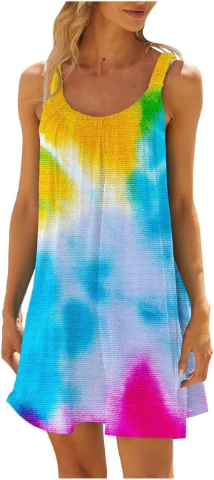 hlysgo Mini Dresses for Women 2025 Summer Tie-Dye Print Short Beach Coverup Dress Casual Loose Fit Sleeveless Mini Sundress