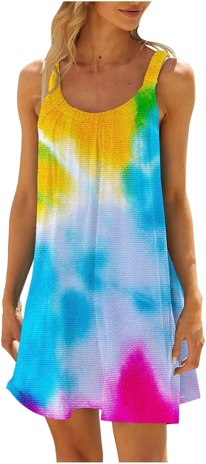 hlysgo Mini Dresses for Women 2025 Summer Tie-Dye Print Short Beach Coverup Dress Casual Loose Fit Sleeveless Mini Sundress