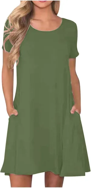 hlysgo Tshirt Dress for Women 2025 Vacation Short Sleeve Crew Neck Casual Dresses Summer Soft Comfy Mini Dress with Pockets