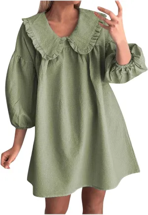hlysgo Vacation Dresses for Women 2025 Casual Loose Fit 3/4 Sleeve Collar Neck Mini Dress Summer Solid Beach Babydoll Dress