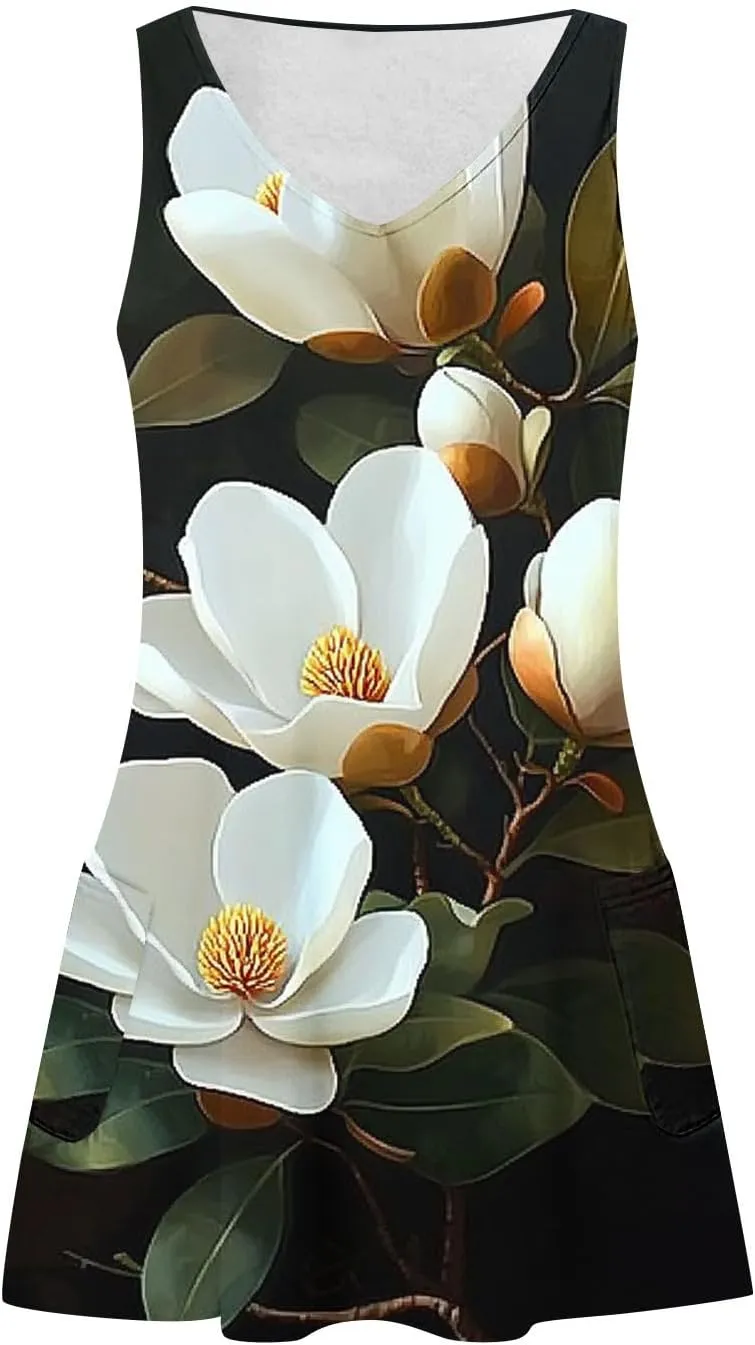 hlysgo Vacation Dresses for Women 2025 Summer Sleeveless V Neck Mini Dress A-Line Flowy Beach Coverup Sundress with Pockets