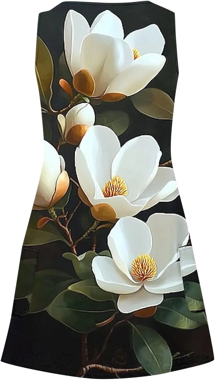 hlysgo Vacation Dresses for Women 2025 Summer Sleeveless V Neck Mini Dress A-Line Flowy Beach Coverup Sundress with Pockets