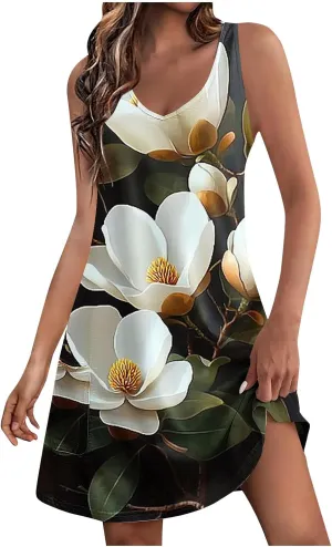 hlysgo Vacation Dresses for Women 2025 Summer Sleeveless V Neck Mini Dress A-Line Flowy Beach Coverup Sundress with Pockets