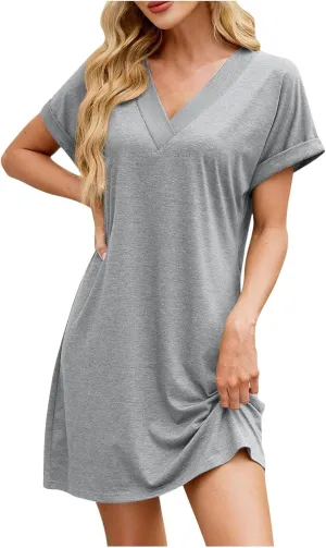 hlysgo Womens Beach Dress 2025 Casual Loose Fit Comfy Going Out Dresses Summer Short Sleeve V Neck Mini Dress for Ladies