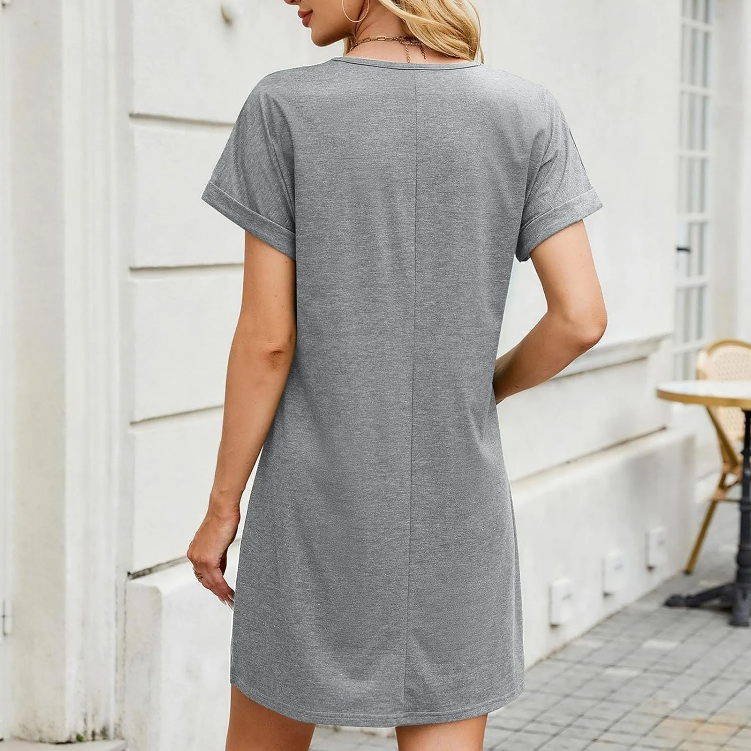 hlysgo Womens Beach Dress 2025 Casual Loose Fit Comfy Going Out Dresses Summer Short Sleeve V Neck Mini Dress for Ladies