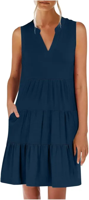 hlysgo Women's Casual Dresses 2025 Summer Beachwear Coverup Peplum Sundress Trendy Sleeveless V Neck Mini Dress with Pockets