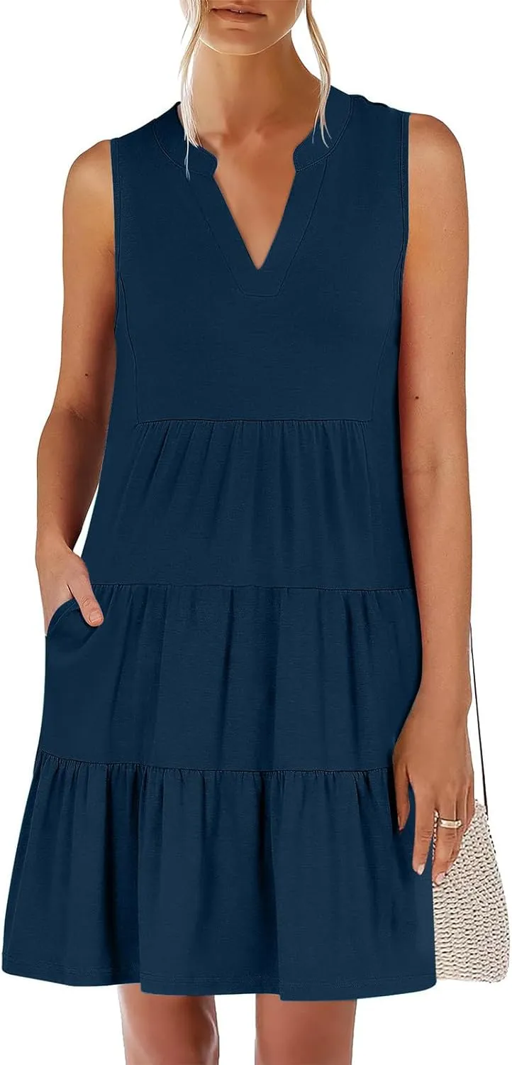 hlysgo Women's Casual Dresses 2025 Summer Beachwear Coverup Peplum Sundress Trendy Sleeveless V Neck Mini Dress with Pockets