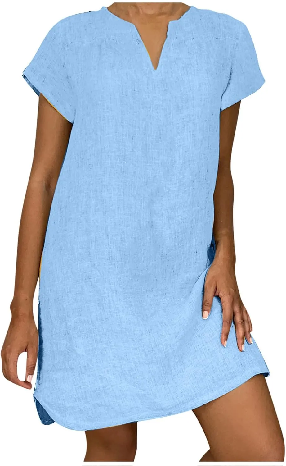 hlysgo Women's Casual Dresses Summer Loose Comfy Cotton Linen Vacation Mini Dress Plus Size Short Sleeve V Neck Beach Dress