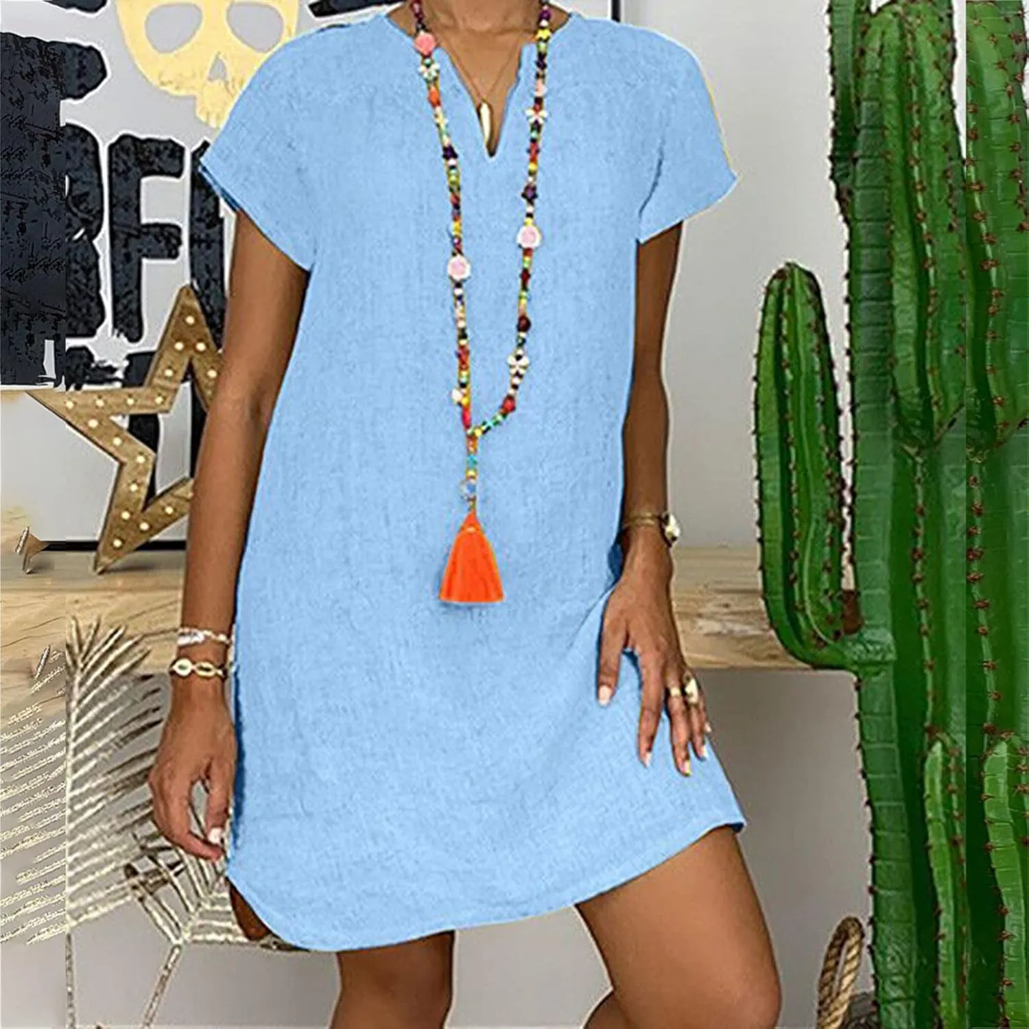 hlysgo Women's Casual Dresses Summer Loose Comfy Cotton Linen Vacation Mini Dress Plus Size Short Sleeve V Neck Beach Dress