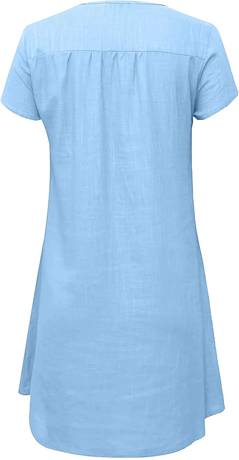 hlysgo Women's Casual Dresses Summer Loose Comfy Cotton Linen Vacation Mini Dress Plus Size Short Sleeve V Neck Beach Dress