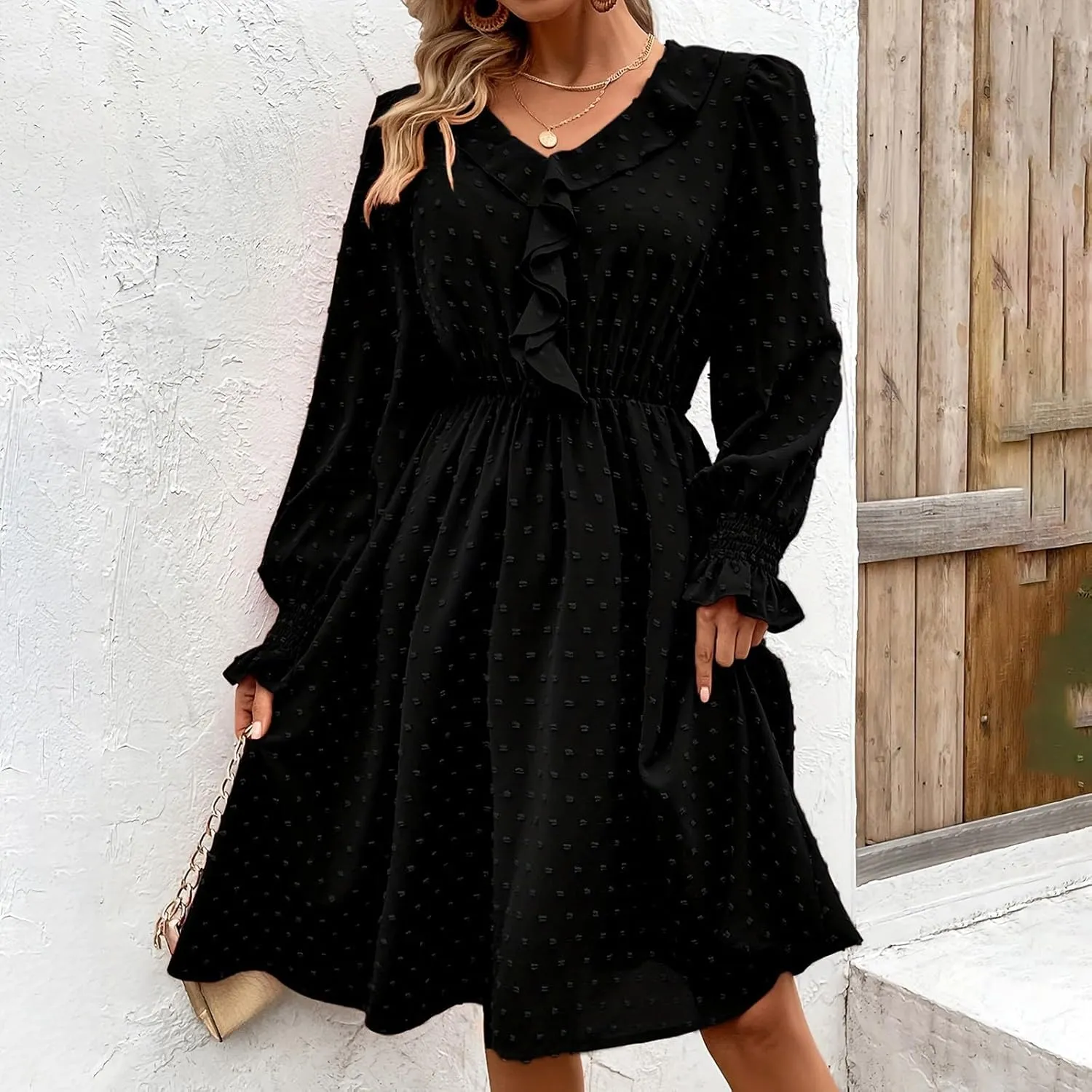 hlysgo Womens Going Out Dresses Casual Loose Fit Long Sleeve V Neck Mini Dress Trendy Swiss Dots A-Line Swing Babydoll Dress