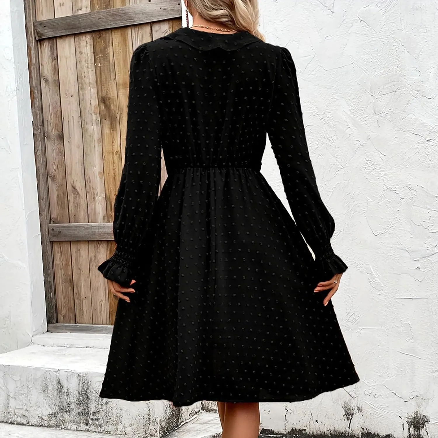 hlysgo Womens Going Out Dresses Casual Loose Fit Long Sleeve V Neck Mini Dress Trendy Swiss Dots A-Line Swing Babydoll Dress