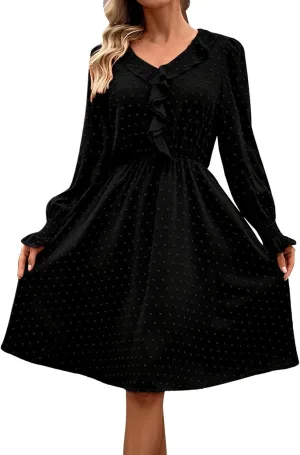 hlysgo Womens Going Out Dresses Casual Loose Fit Long Sleeve V Neck Mini Dress Trendy Swiss Dots A-Line Swing Babydoll Dress