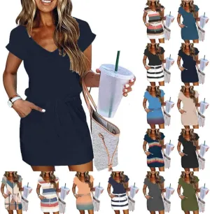hlysgo Womens Summer Dress 2025 Trendy Short Sleeve V Neck Casual Dresses Drawstring Waist A-Line Mini Dress with Pockets