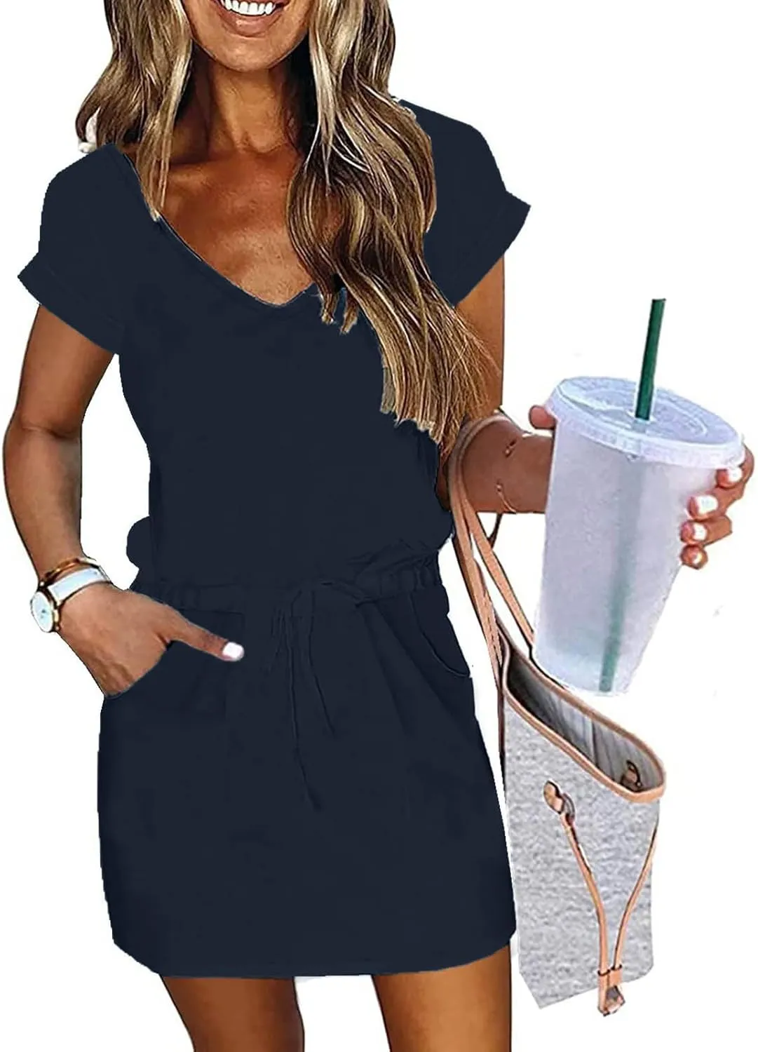 hlysgo Womens Summer Dress 2025 Trendy Short Sleeve V Neck Casual Dresses Drawstring Waist A-Line Mini Dress with Pockets