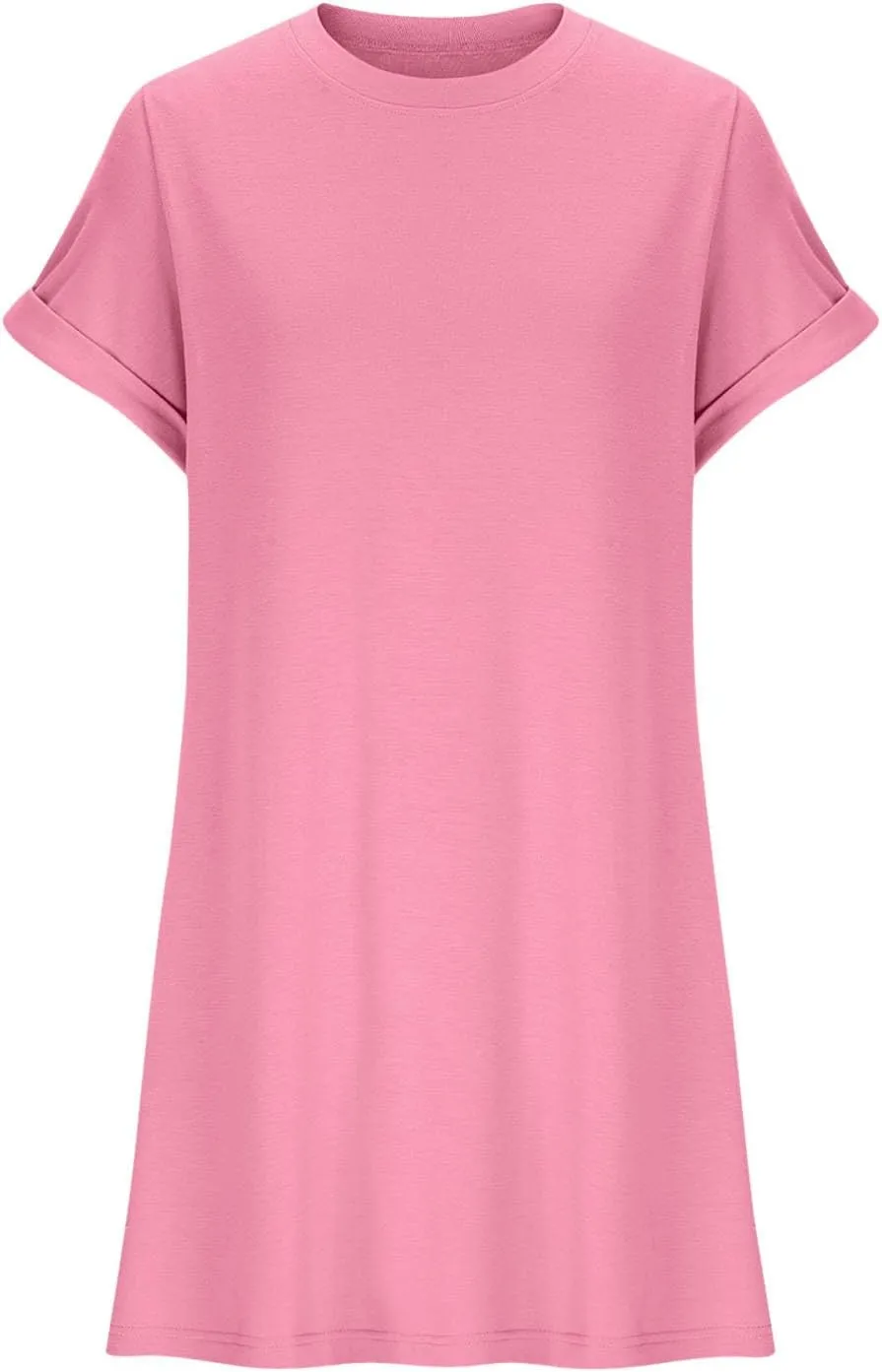 hlysgo Womens Summer Dresses 2025 Trendy Short Sleeve Crew Neck Mini Dress Casual Loose Fit Knee Length Dress with Pockets